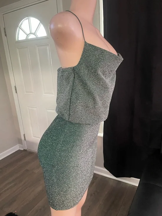 Sparkle glitter Slip Mini Dress in Metallic Green small top detailed stretch - Picture 5 of 7